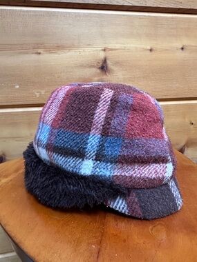 Vintage plaid fake fur kids winter ear flap hat missing snap Small